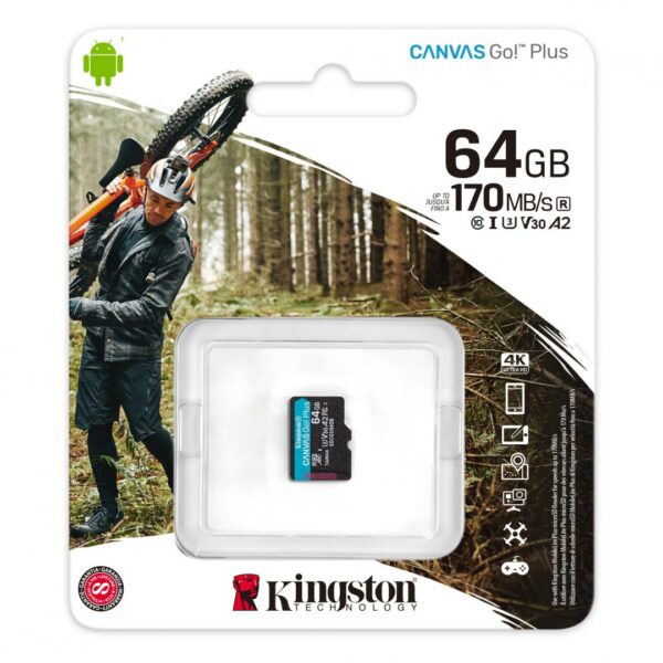 CARD SD KINGSTON, 64 GB, MicroSDXC, clasa 10, standard UHS-I U3, „SDCG3/64GBSP” (timbru verde 0.03 lei)