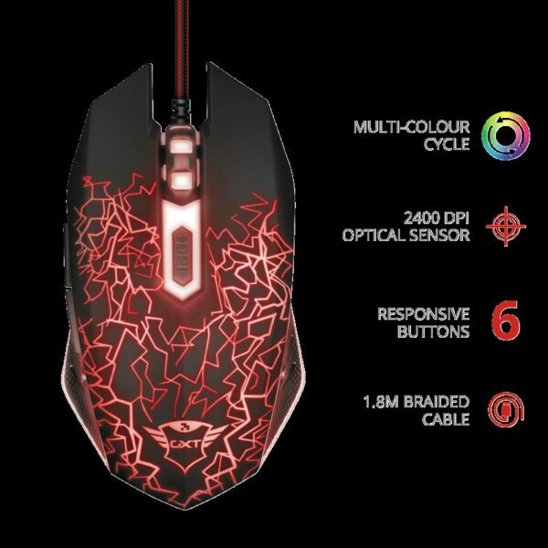 MOUSE TRUST, „GXT 105 Izza”, gaming, cu fir, USB, optic, 2400 dpi, butoane/scroll 6/1, iluminare, buton selectare viteza, negru, „TR-21683” (timbru verde 0.18 lei)