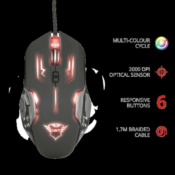 MOUSE TRUST, „GXT 108 Rava”, gaming, cu fir, USB, optic, 2000 dpi, butoane/scroll 6/1, iluminare, buton selectare viteza, negru, „TR-22090” (timbru verde 0.18 lei)