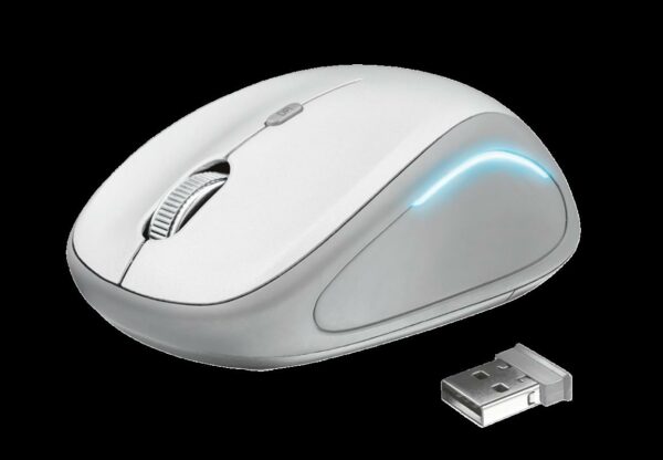 MOUSE TRUST, „Yvi FX”, PC sau NB, wireless, 2.4GHz, optic, 1600 dpi, butoane/scroll 4/1, iluminare, buton selectare viteza, alb, „TR-22335” (timbru verde 0.18 lei)