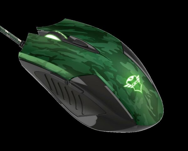 MOUSE TRUST, „GXT 781 Rixa Camo”, gaming, cu fir, USB, optic, 3200 dpi, butoane/scroll 5/1, iluminare, butoane programabile, pad inclus, negru / verde, „TR-23611” (timbru verde 0.18 lei)