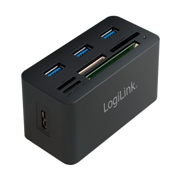 HUB extern LOGILINK, porturi USB: USB 3.0 x 3, conectare prin USB 3.0, alte porturi: SD, MicroSD, M2, MS Duo/Pro, CF, negru, „CR0042” (timbru verde 0.8 lei)