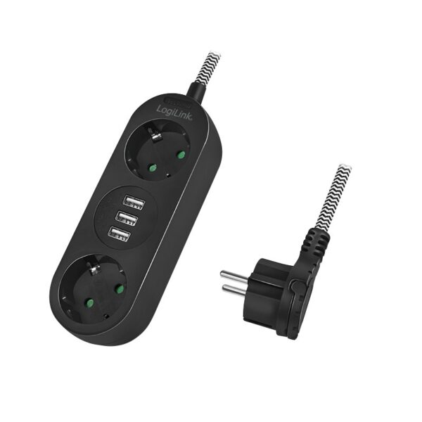 PRELUNGITOR LOGILINK, Schuko x 2, conectare prin Schuko (T), USB x 3, cablu 1.5 m, 16 A, fara protectie, negru, „LPS262U” (timbru verde 0.18 lei)