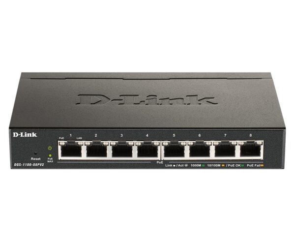 SWITCH PoE D-LINK Smart 8 porturi Gigabit (8 PoE) IEEE 802.3af, carcasa metalica, „DGS-1100-08PV2” (timbru verde 2 lei)