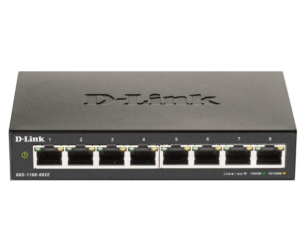 SWITCH D-LINK SMART 8 porturi Gigabit carcasa metalica, „DGS-1100-08V2” (timbru verde 2 lei)