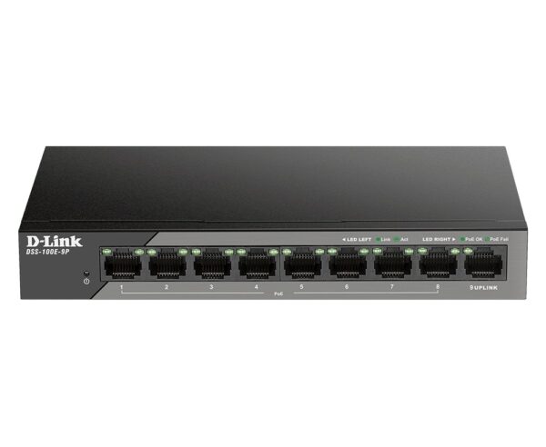 SWITCH PoE D-LINK Unmanaged 8 porturi 10/100Mbps (8 PoE) + 1 x Gigabit Uplink, carcasa metalica, „DSS-100E-9P”(timbru verde 2 lei)