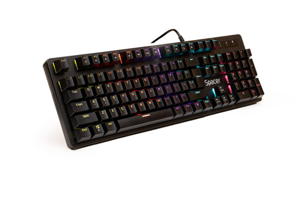 TASTATURA MECANICA SPACER USB WARRIOR, switch-uri mecanice albastre, iluminare RGB, 50 mil. apasari, 104 taste, anti-ghosting 26 taste, anti-spill, black, „SPKB-MK-WAR” (timbru verde 0.8 lei)