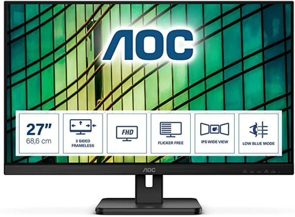 MONITOR AOC 27 inch, Multimedia, IPS, Full HD (1920 x 1080), Wide, 250 cd/mp, 4 ms, HDMI, VGA, DisplayPort, 45507108 „27E2QAE” (timbru verde 7 lei)