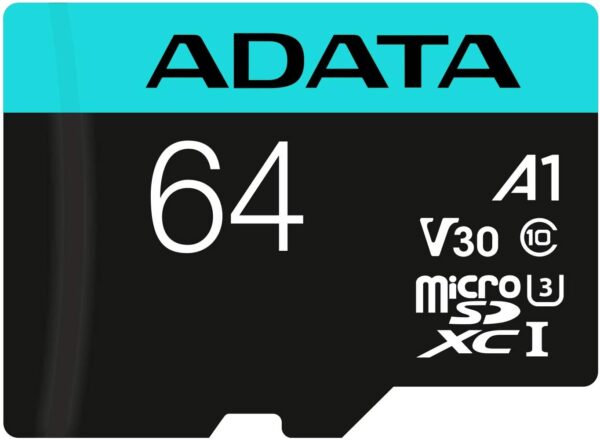 CARD MicroSD ADATA, 64 GB, microSDHC, clasa 10, standard UHS-I U3, „AUSDX64GUI3V30SA2” (timbru verde 0.03 lei)