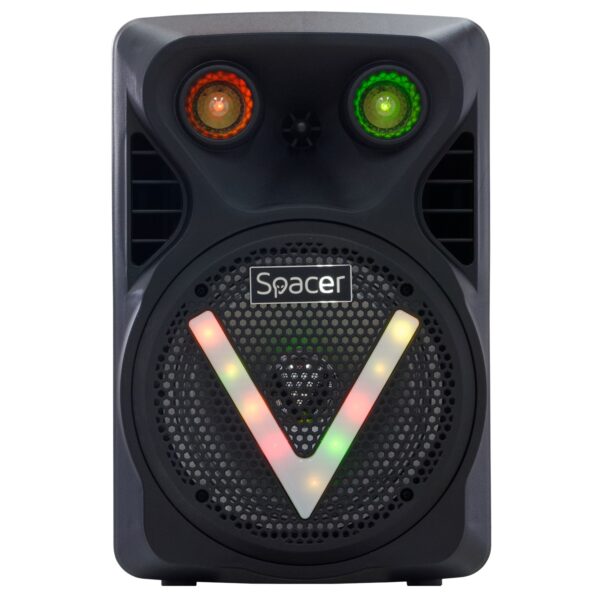 BOXA SPACER portabila bluetooth WildCat, tip troler, RMS: 35W, 8″ woofer, acumulator 3.7V 1800 mAh, input : AUX audio, USB/microSD, remote control, wireless microphone, black, „SPBO-WildCat”