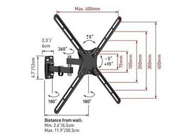 SUPORT de perete BARKAN, pt 1 TV/monitor plat, diag. max 58 inch, rotatie, inclinare, pivotare, verticala, max 25 kg, „E3423”