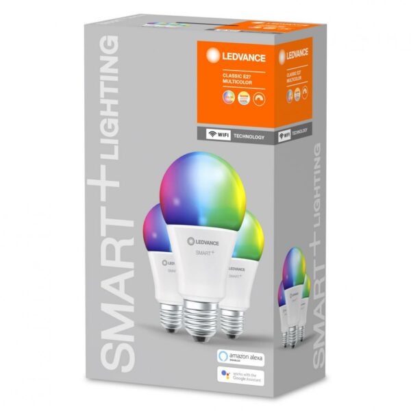 SET 3 becuri smart LED Osram, soclu E27, putere 14W, forma clasic, lumina multicolora, alimentare 220 – 240 V, „000004058075485877” (timbru verde 1.35 lei)