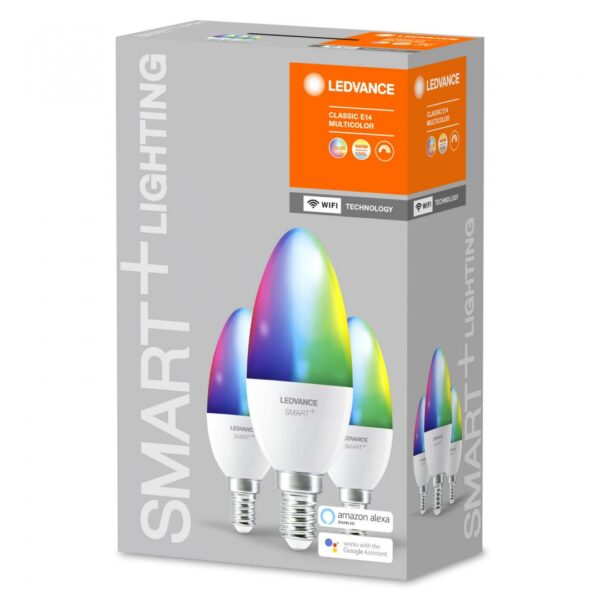 SET 3 becuri smart LED Osram, soclu E27, putere 5W, forma lumanare, lumina multicolora, alimentare 220 – 240 V, „000004058075485938” (timbru verde 1.35 lei)