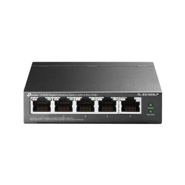 SWITCH PoE TP-LINK 5 porturi Gigabit (4 PoE+), IEEE 802.3at/af, 40W maxim total, carcasa metalica „TL-SG1005LP” (timbru verde 2 lei)