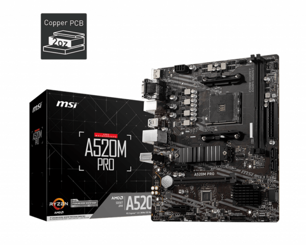 PLACA de BAZA MSI „A520M PRO”, skt AM4, mATX, AMD A520, 2 x DDR4, max. 64 GB, 4 x SATA, 1 x M.2, 7.1, „A520M PRO”