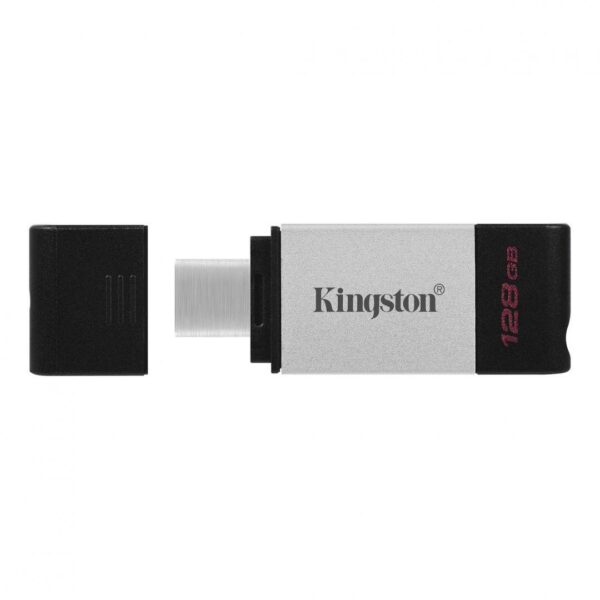 MEMORIE USB Type-C KINGSTON 128 GB, cu capac, carcasa metalic & plastic, negru / argintiu, „DT80/128GB” (timbru verde 0.03 lei)