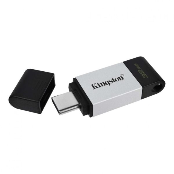 MEMORIE USB Type-C KINGSTON 32 GB, cu capac, carcasa metalic & plastic, negru / argintiu, „DT80/32GB” (timbru verde 0.03 lei)