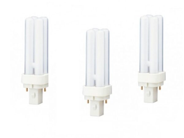 SET 3 becuri fluorescent Panasonic, soclu G24D-1, putere 10W, forma liniar, lumina alb rece, alimentare 220 – 240 V, „FDS10E40/2D-3” (timbru verde 1.35 lei)