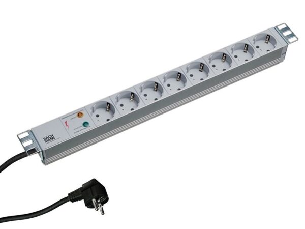 PDU BACHMANN, 1U pt. rack 19 inch, 8 prize Schuko, intrare Schuko, max 16 A, cablu 2 m, gri, „333.404” (timbru verde 4 lei)