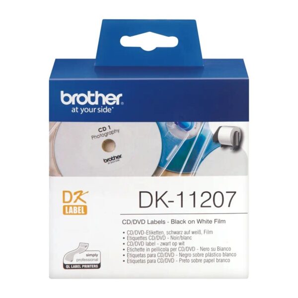 Etichete laminate Original Brother Black on White, DK11207, pentru P-TOUCH QL-1100|QL-800|QL-810|QL-1050|QL-1060|QL-500|QL-560|QL-570|QL-580|QL-650|QL-700, CD/DVD, 58mm, 100buc, incl.TV 0 RON, „DK11207”