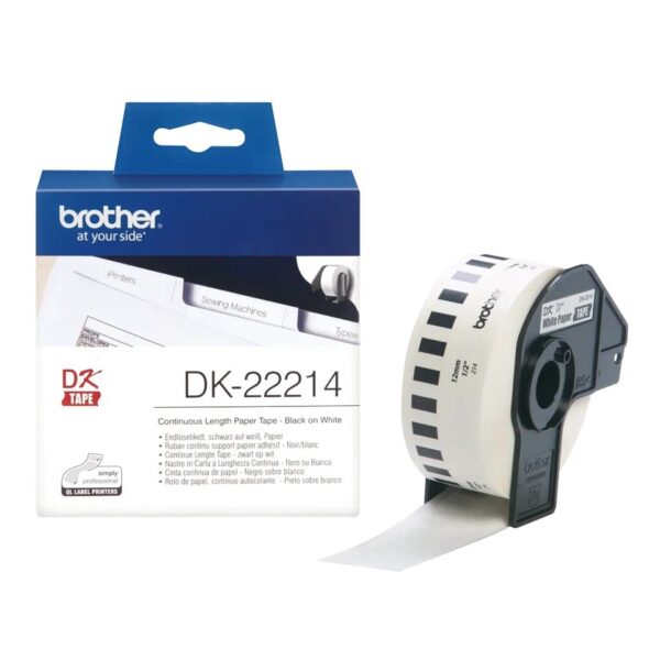 Banda Continua Hartie Original Brother Black on White, DK22214, pentru P-TOUCH QL-1100|QL-800|QL-810|QL-1050|QL-1060|QL-500|QL-560|QL-570|QL-580|QL-650|QL-700, 12x30mm, 48m, incl.TV 0 RON, „DK22214”