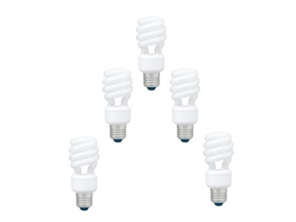 SET 5 becuri fluorescent Panasonic, soclu E27, putere 11W, forma spirala, lumina alb calda, alimentare 220 – 240 V, „EFD11E27HD3E-5” (timbru verde 2.25 lei)