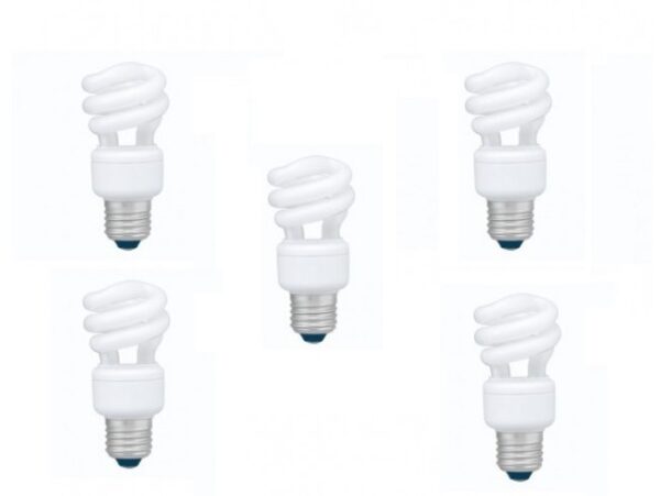 SET 5 becuri fluorescent Panasonic, soclu E27, putere 8W, forma spirala, lumina alb rece, alimentare 220 – 240 V, „EFD8E65HD3E-5” (timbru verde 2.25 lei)