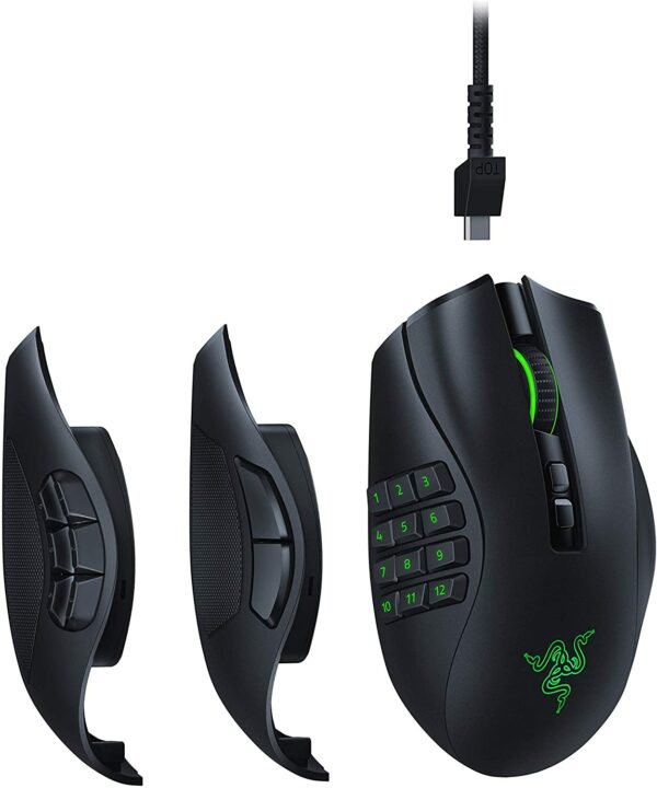 MOUSE RAZER, „Naga Pro”, gaming, cu fir | wireless, USB | 2.4GHz, optic, 20000 dpi, butoane/scroll 20/1, iluminare, butoane programabile, mod dual de conectare, laterale detasabile customizabile, negru, „RZ01-03420100-R3G1” (timbru verde 0.18 lei)