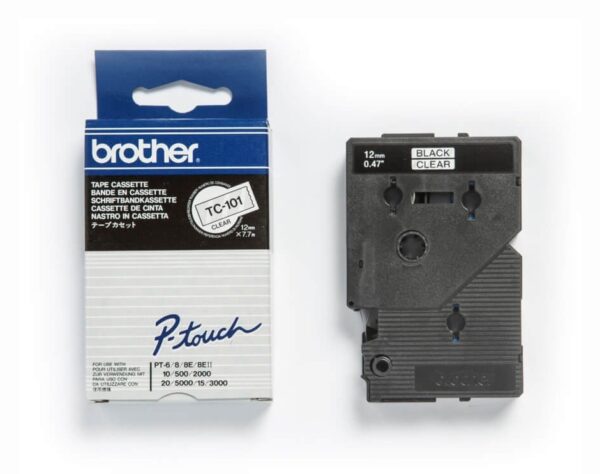 Banda laminata Original Brother Black on Clear, TC101, pentru E105|E110|H100|H101|H105|H110|H111|P300|128|200|1000|1010|1090|1100|1120|1130|1160|1170|1180|1190|1200|1230|1280|1290|6100|7100|ST1150, 12mm, incl.TV 0 RON, „TC101”