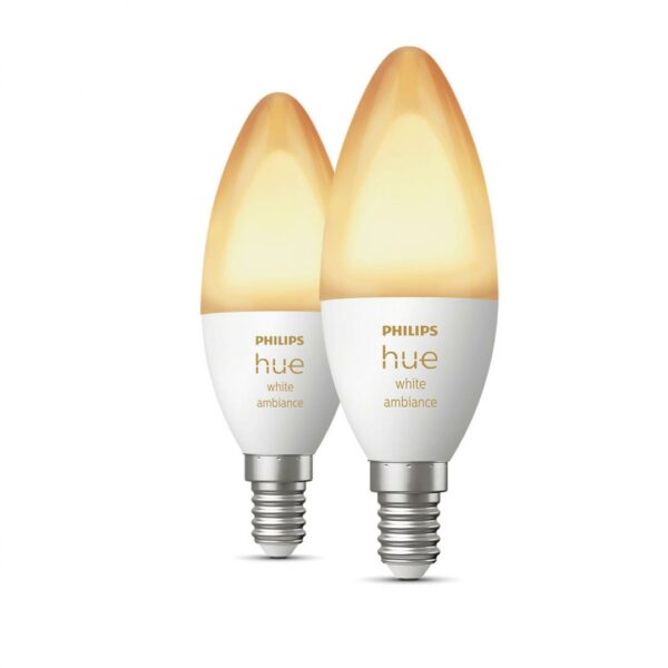 SET 2 becuri smart LED Philips, soclu E14, putere 5.2W, forma lumanare, lumina toate nuantele de alb, alimentare 220 – 240 V, „000008718699726355” (timbru verde 0.9 lei)