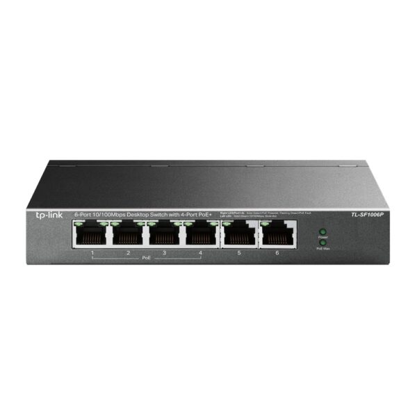 SWITCH PoE TP-LINK 6 porturi 10/100Mbps (4 PoE+), IEEE 802.3af/at, carcasa metalica „TL-SF1006P” (timbru verde 2 lei)