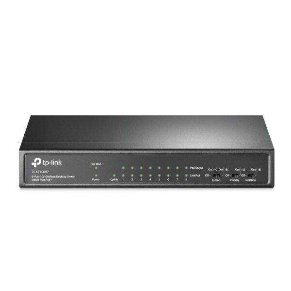 SWITCH PoE TP-LINK 9 porturi 10/100Mbps (8 PoE+), IEEE 802.3af/at, carcasa metalica „TL-SF1009P” (timbru verde 2 lei)