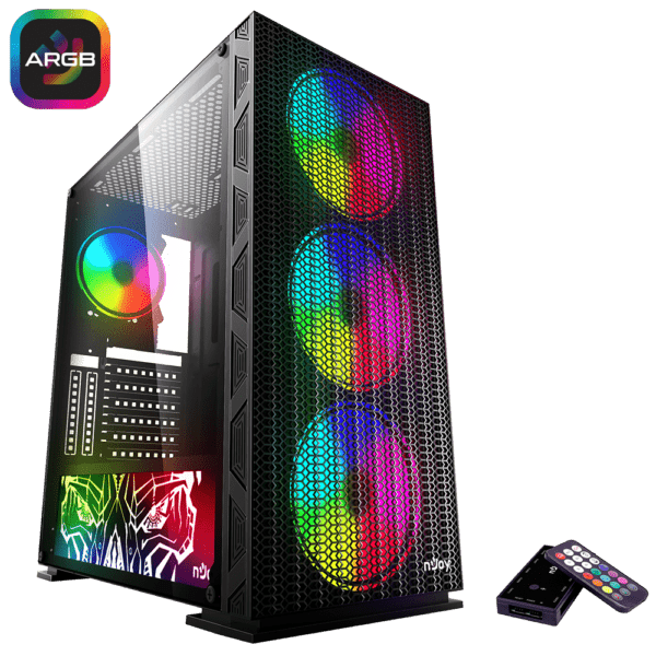 CARCASA NJOY Middle Tower, ATX, „Kona”, fara sursa, sticla securizata, fan x 4, USB 2.0 x 1, USB 3.0 x 2, Jack 3.5 mm x 2, mesh pt. filtrare praf, fan controller (inclusiv RGB), telecomanda, negru, „CSMD-E000UKO-CR01B” (timbru verde 0.35 lei)