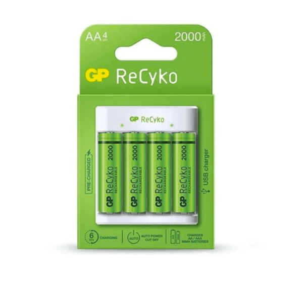 Incarcator GP Batteries, Recyko compatibil NiMH (AA/AAA), include 4 x 2100 mAh AA (R6), incarcare USB, 2 LED-uri indicare incarcare, „GPE411210AAHC-2B4” „GPACSE411001” (timbru verde 0.8 lei)