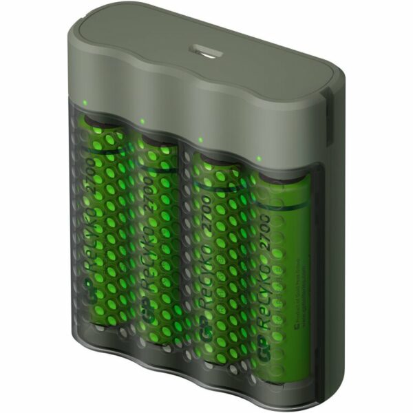 Incarcator GP Batteries, Recyko compatibil NiMH (AA/AAA), include 4 x 2700 mAh AA (R6), incarcare USB, 4 LED-uri indicare incarcare, „GPM451/270AAHCE-2EB4” „GPACSM451002” (timbru verde 0.8 lei)
