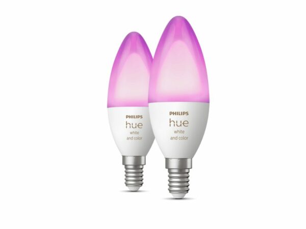 SET 2 becuri smart LED Philips, soclu E14, putere 5.3W, forma lumanare, lumina multicolora, alimentare 220 – 240 V, „000008718699726331” (timbru verde 0.9 lei)