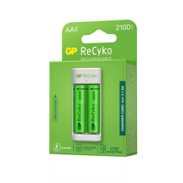 Incarcator GP Batteries, Recyko compatibil NiMH (AA/AAA), include 2 x 2100 mAh AA (R6), incarcare USB, 1 LED indicare incarcare, „GPE211210AAHC-2B2” „GPACSE211001” (timbru verde 0.8 lei)