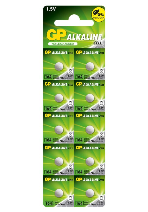 Baterie GP Batteries, butoni (AG1/LR60/LR620) 1.5V alcalina, blister 10 buc. „GP164F-2C10” „GPPBA164F004” (timbru verde 0.1 lei)