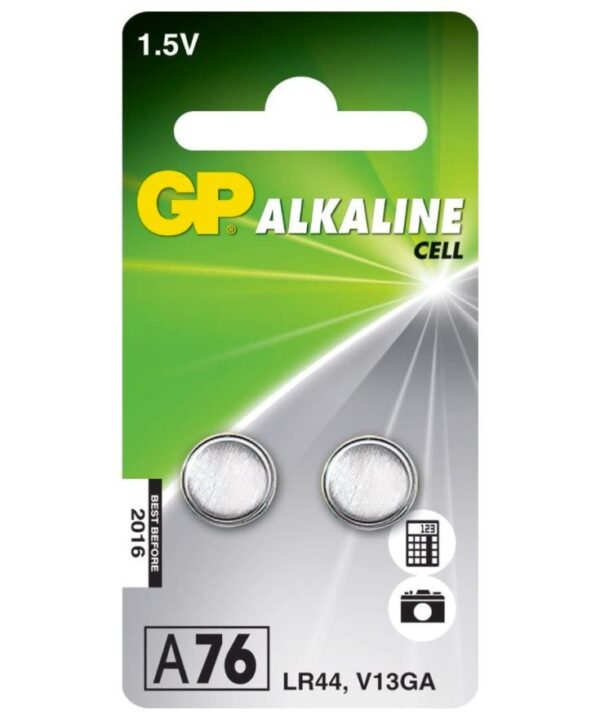 Baterie GP Batteries, butoni (AG13/LR44) 1.5V alcalina, blister 2 buc. „GPA76F-2C2” „GPPBAA76F002” – 945241 (timbru verde 0.1 lei)