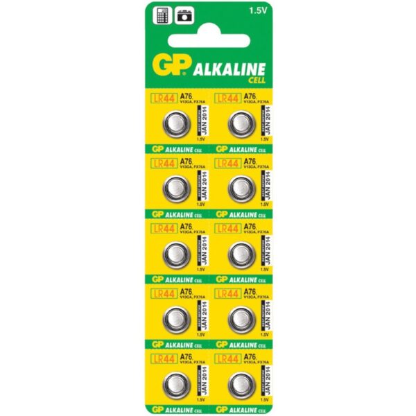 Baterie GP Batteries, butoni (AG13/LR44) 1.5V alcalina, blister 10 buc. „GPA76F-2C10” „GPPBAA76F012” – 306305 (timbru verde 0.1 lei)