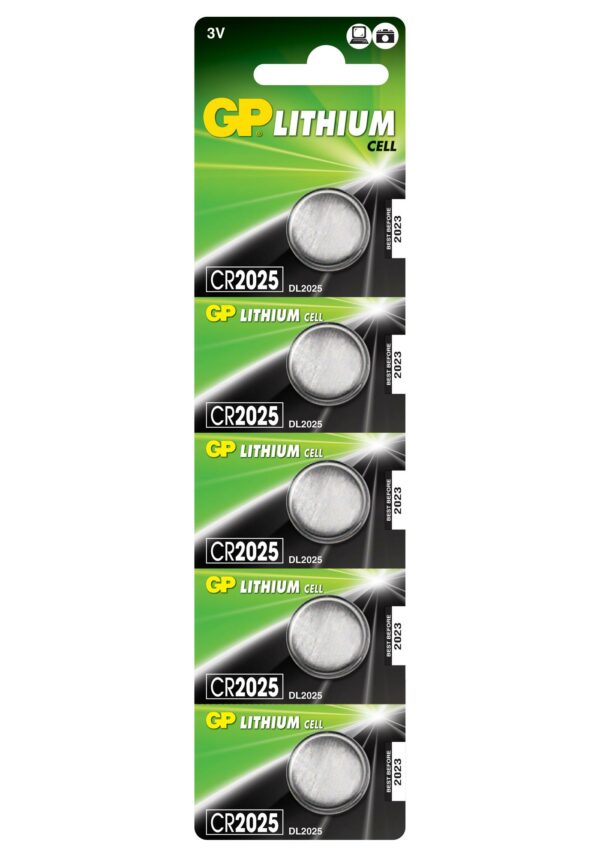 Baterie GP Batteries, butoni (CR2025) 3V lithium, blister 5 buc. „GPCR2025-2CPU5” „GPPBL2025155” (timbru verde 0.05 lei)