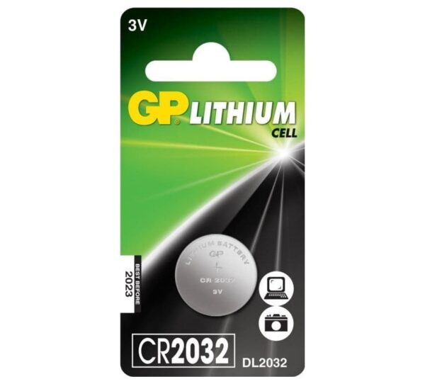 Baterie GP Batteries, butoni (CR2032) 3V lithium, blister 1 buc. „GPCR2032-2CPU1” „GPPBL2032185” (timbru verde 0.01 lei)
