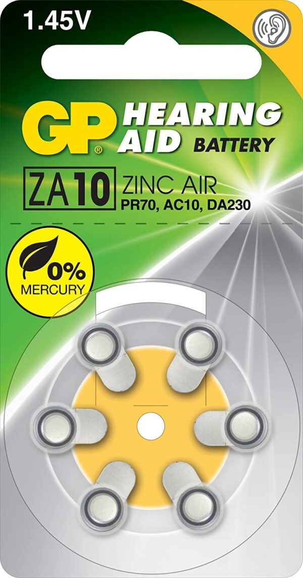 Baterie GP Batteries, aparat auditiv (ZA10) 1.45V zinc-aer, blister 6 buc. „GPZA10F-9D6” „GPPBZZ10F000” (timbru verde 0.06 lei)