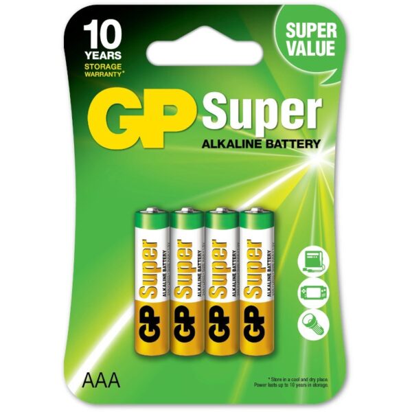 Baterie GP Batteries, Super Alcalina AAA (LR03) 1.5V alcalina, blister 4 buc. „GP24A-2UE4” „GPPCA24AS013” (timbru verde 0.32 lei)