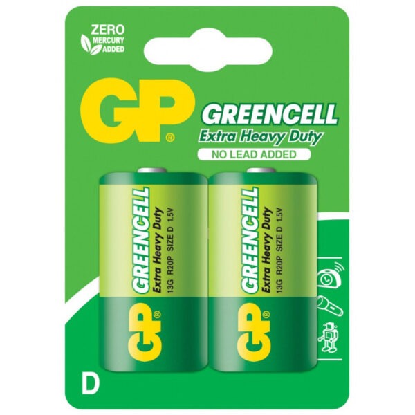 Baterie GP Batteries, Greencell D (LR20) 1.5V carbon zinc, blister 2 buc. „GP13G-2UE2” „GPPCC13KC028” (timbru verde 0.04 lei)