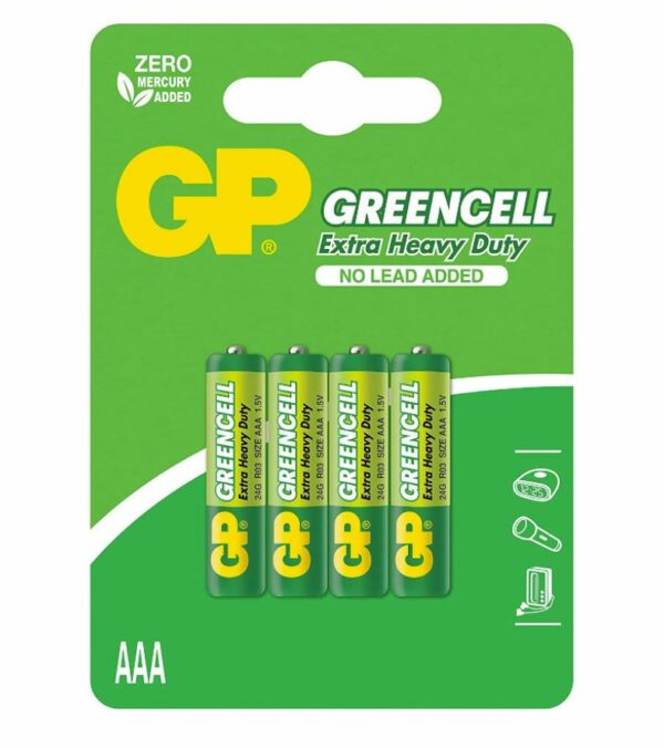 Baterie GP Batteries, Greencell AAA (LR03) 1.5V carbon zinc, blister 4 buc. „GP24G-IUE4” „GPPCC24UC187” (timbru verde 0.08 lei)