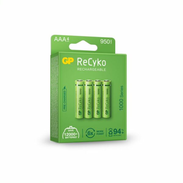 Acumulatori GP Batteries, ReCyco 1000mAh AAA (LR03) 1.2V NiMH, paper box 4 buc. „100AAAHCE-EB4” „GPRHC103E019” (timbru verde 0.32 lei)