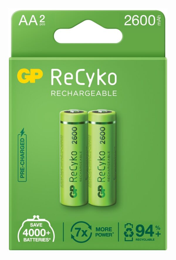 Acumulatori GP Batteries, ReCyko 2600mAh AA (LR6) 1.2V NiMH, paper box 2 buc. „GP270AAHCE-2EB2” „GPRHC272E000” (timbru verde 0.16 lei)