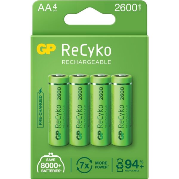 Acumulatori GP Batteries, ReCyko 2600mAh AA (LR6) 1.2V NiMH, paper box 4 buc. „GP270AAHCE-2EB4” „GPRHC272E001” (timbru verde 0.32 lei)