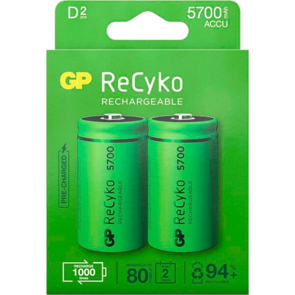Acumulatori GP Batteries, ReCyco 5700mAh D (R20) 1.2V NiMH, paper box 2 buc. 570DHCB-EB2, „GPRHC57DB025” (timbru verde 0.16 lei)